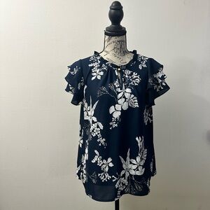 Liz Claiborne Navy Blue & White Floral Blouse | Flutter Tiered Sleeve |